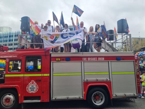 CSP members on top of a fire engine at Belfast Pride