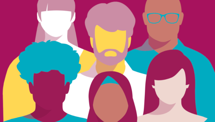 Pink background with illustrated people on top in bright colours blue and yellow