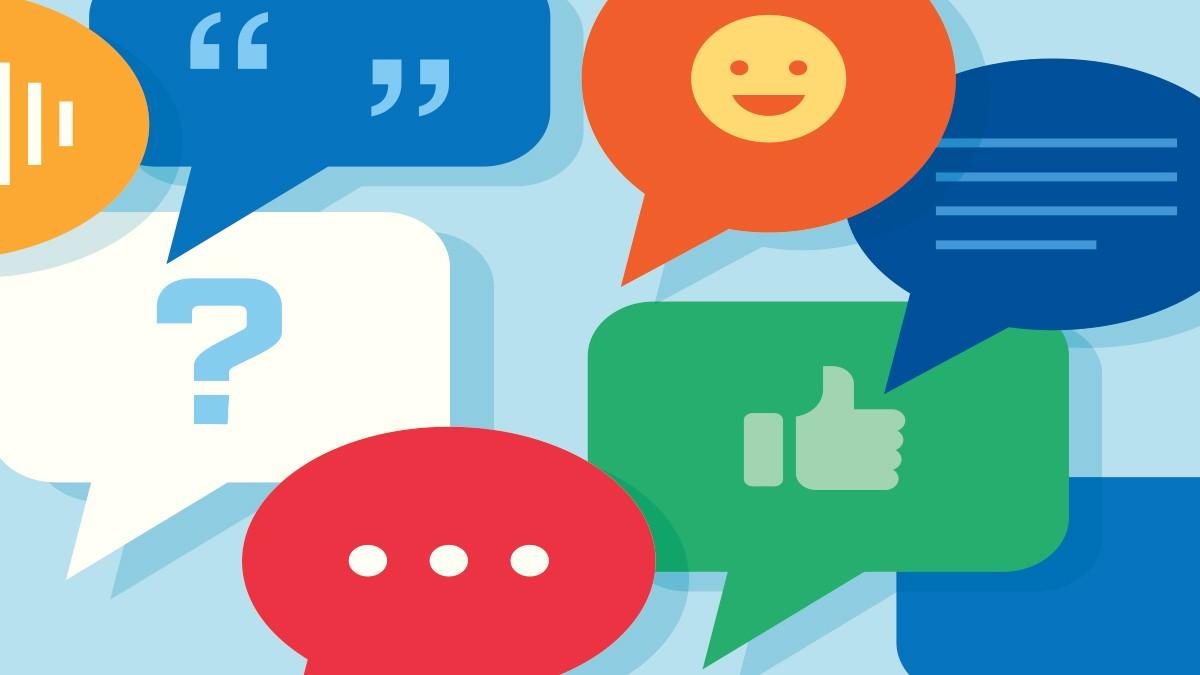 Cover July 2024 image of a few social media speech bubbles with emojis smiley face question mark and speech quotes 